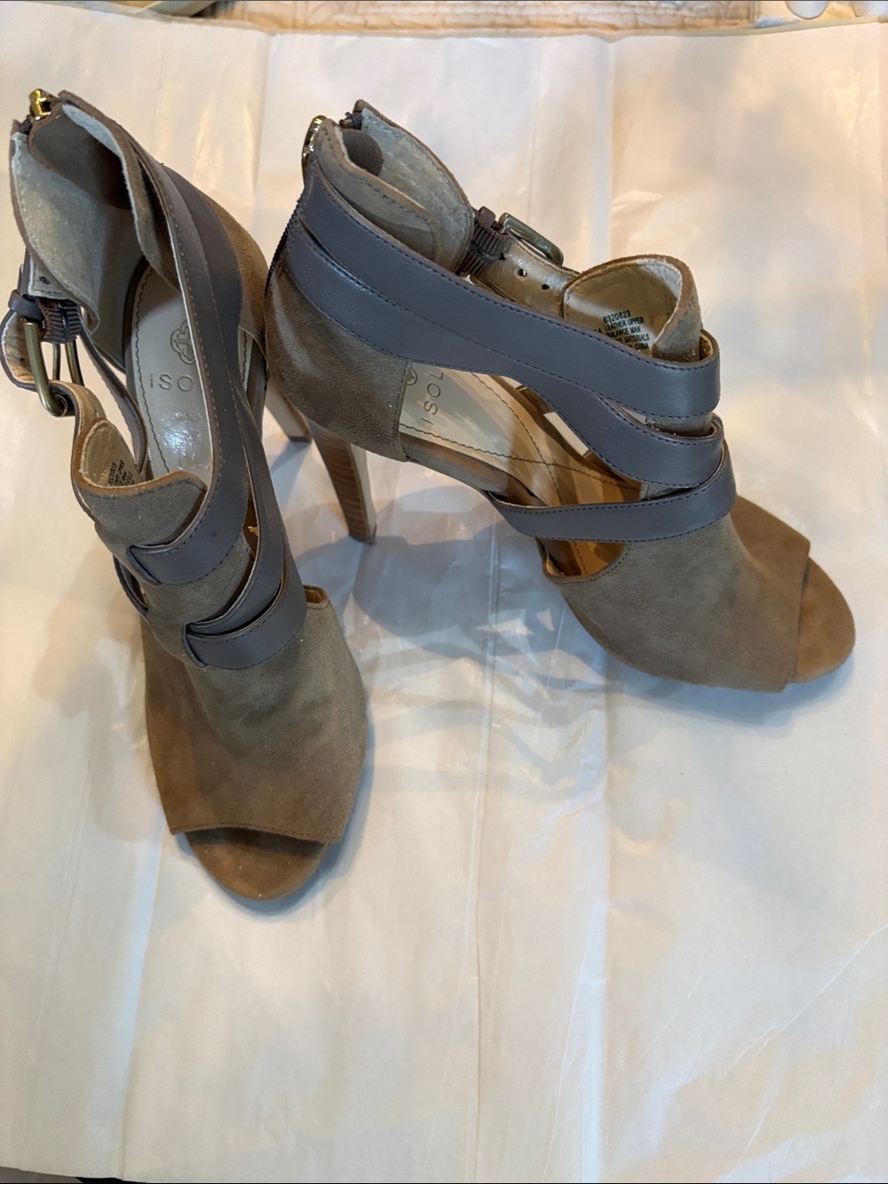 Isola Suede & Leather upper cross front high zipper back open toe stilettos